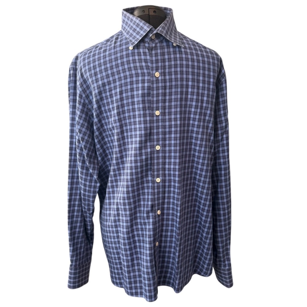 LEDBURY FINE SHIRTING CLASSIC FIT LS BUTTON DOWN BLUE CHECKED SHIRT.
SIZE 16 1/2